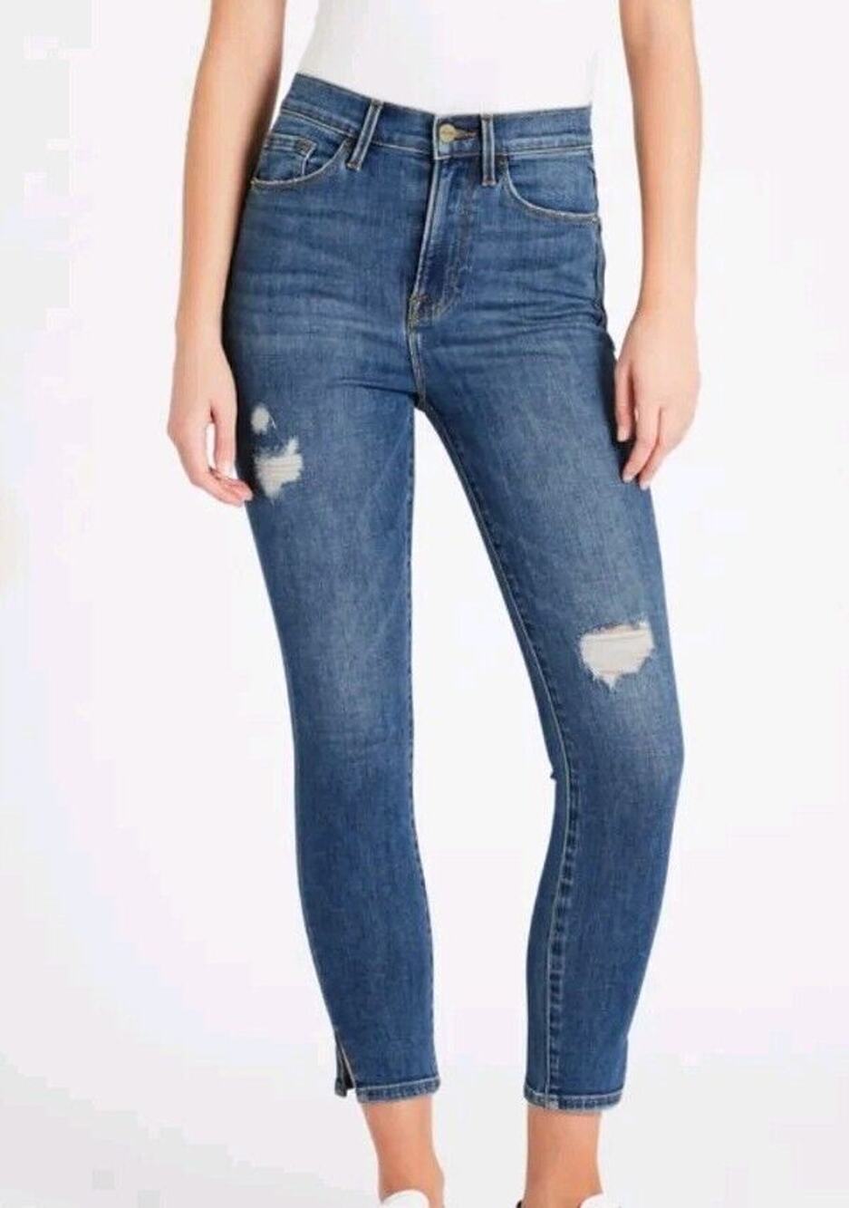 Frame Ali High-Rise Cigarette Jeans in Lagoon Sz 28 Distressed (j
